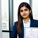 A confident young Pakistani professional, fully clothed in a modest business suit, stands in a brightly lit, modern corporate office. A subtle world map or a blurred city skyline is visible through the window in the background. The professional holds a document (symbolizing a TOPIK certificate) and looks forward with a determined, ambitious expression, representing career growth and global opportunities. The setting emphasizes success and international connection. perfect anatomy, correct proportions, natural pose, well-formed hands, proper finger count, natural body proportions, safe for work, appropriate content, fully clothed, professional.