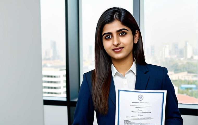 A confident young Pakistani professional, fully clothed in a modest business suit, stands in a brightly lit, modern corporate office. A subtle world map or a blurred city skyline is visible through the window in the background. The professional holds a document (symbolizing a TOPIK certificate) and looks forward with a determined, ambitious expression, representing career growth and global opportunities. The setting emphasizes success and international connection. perfect anatomy, correct proportions, natural pose, well-formed hands, proper finger count, natural body proportions, safe for work, appropriate content, fully clothed, professional.