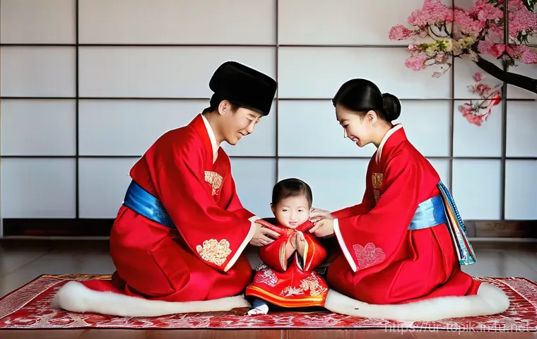 TOPIK 한국어 문화 이해하기 - **A heartwarming scene of a Korean family celebrating Seollal (Lunar New Year).** Young children, dr...