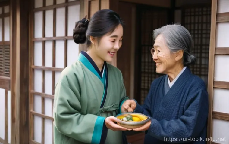TOPIK 한국어 문화 이해하기 - **A serene indoor scene depicting a multi-generational Korean family enjoying a meal together at a t...
