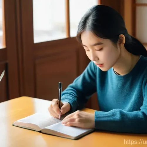 TOPIK 고급 응시자 팁 - **A female student diligently studying Korean grammar and vocabulary at a well-lit desk.**
    *   *...