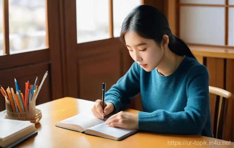 TOPIK 고급 응시자 팁 - **A female student diligently studying Korean grammar and vocabulary at a well-lit desk.**
    *   *...