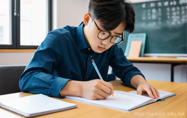TOPIK 고급 응시자 팁 - **A male student engaged in immersive Korean listening practice using digital media.**
    *   **Det...