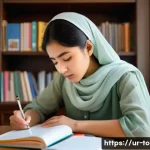 TOPIK 시험과 커리어 개발 - **Prompt:** A focused young South Asian woman, dressed in modest, comfortable attire, intently study...