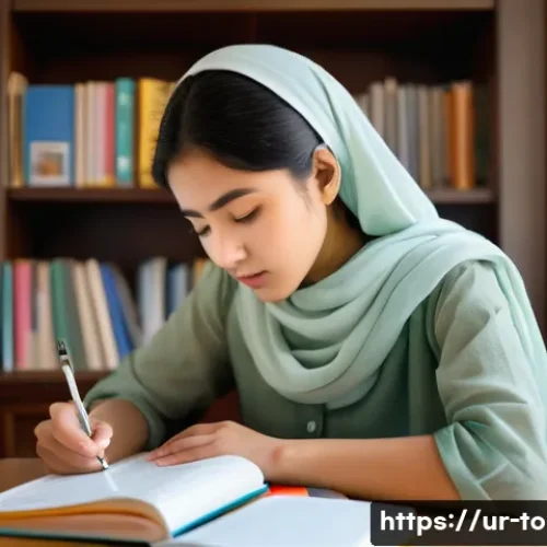TOPIK 시험과 커리어 개발 - **Prompt:** A focused young South Asian woman, dressed in modest, comfortable attire, intently study...
