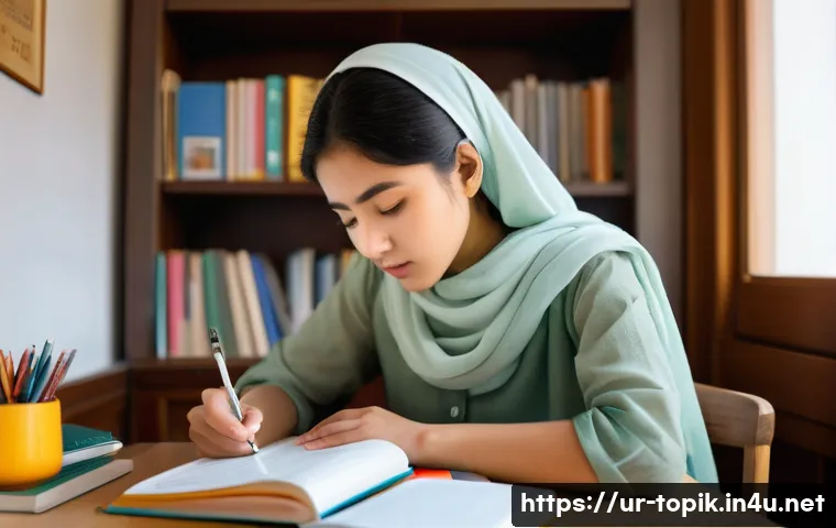 TOPIK 시험과 커리어 개발 - **Prompt:** A focused young South Asian woman, dressed in modest, comfortable attire, intently study...